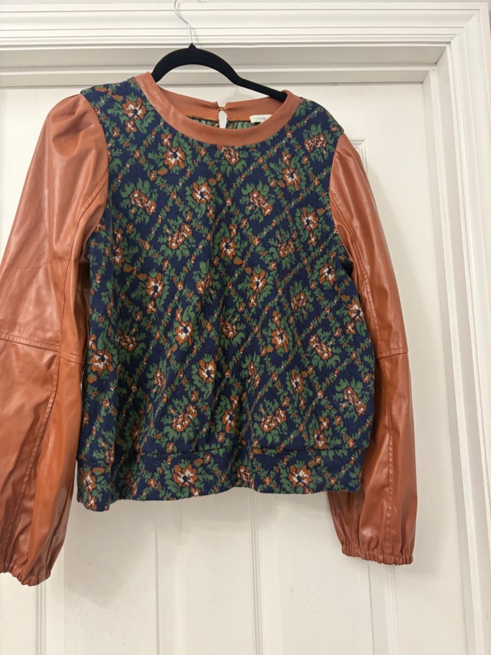 Womens Mixed-Media Floral and leather sweater in Navy and Cognac
